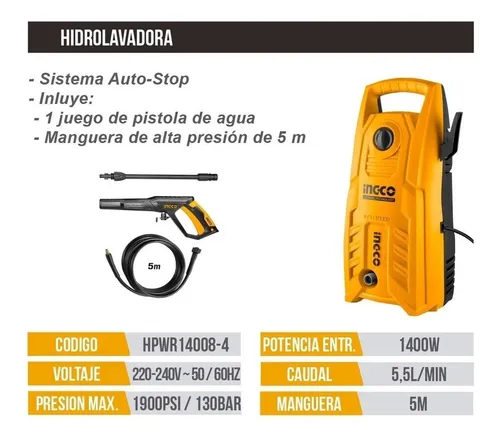 Hidrolavadora 1400w 130bar Ingco Hpwr14008-4 - Imagen 2