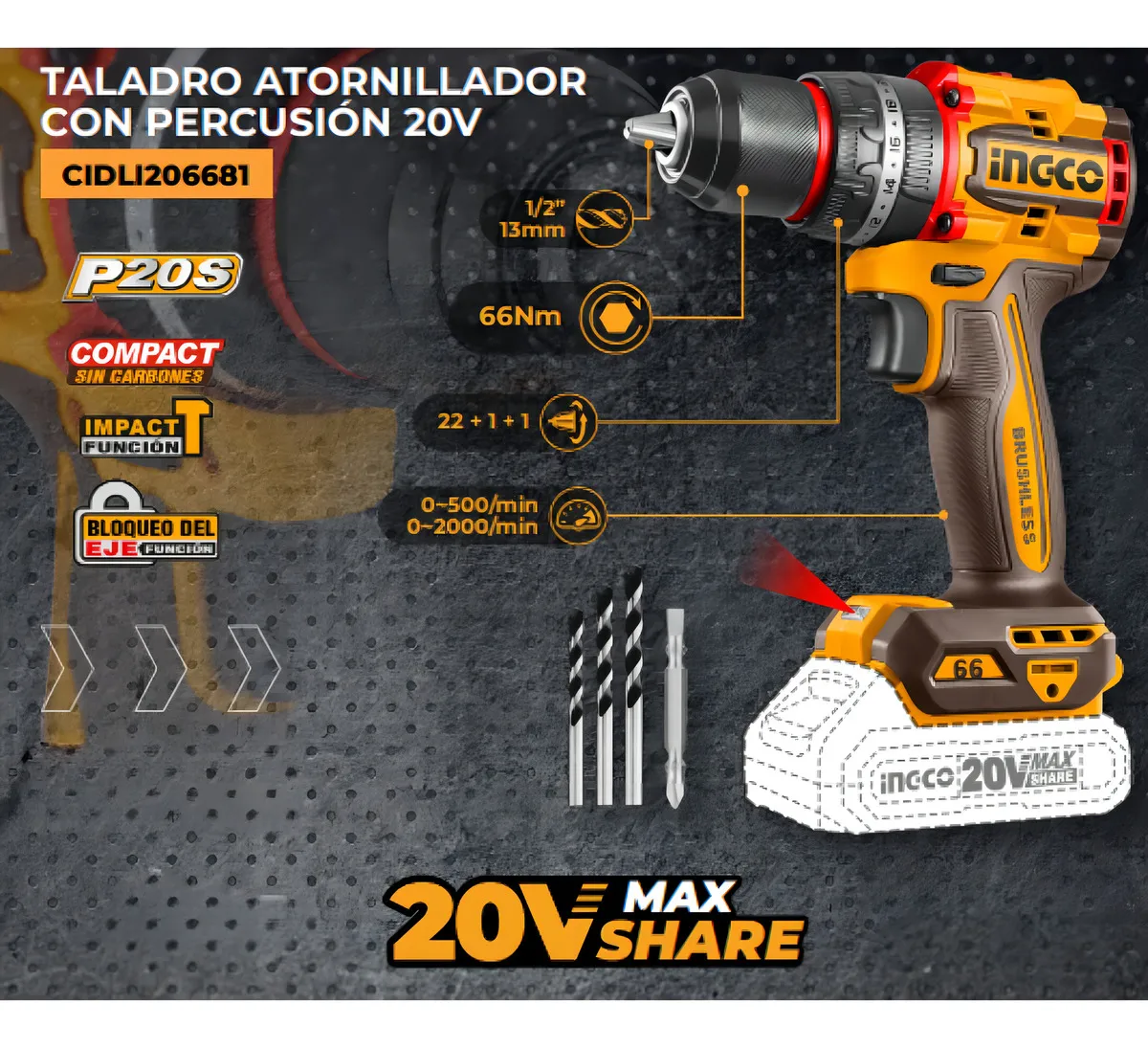 Taladro Atornillador Percutor Inalámbrico Ingco CIDLI206681 - Imagen 3